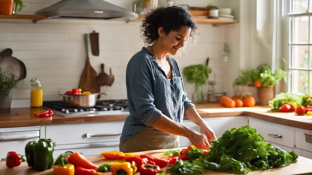 A happy woman preparing dinner with fresh vegetables, representing the importance of nourishing the body to support lung cancer recovery.