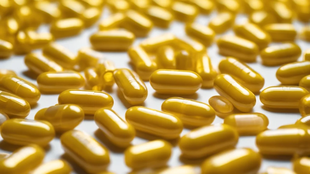 Yellow pills symbolizing Vitamin D supplements, essential for immune support and lung health, and their role in reducing lung cancer risk.