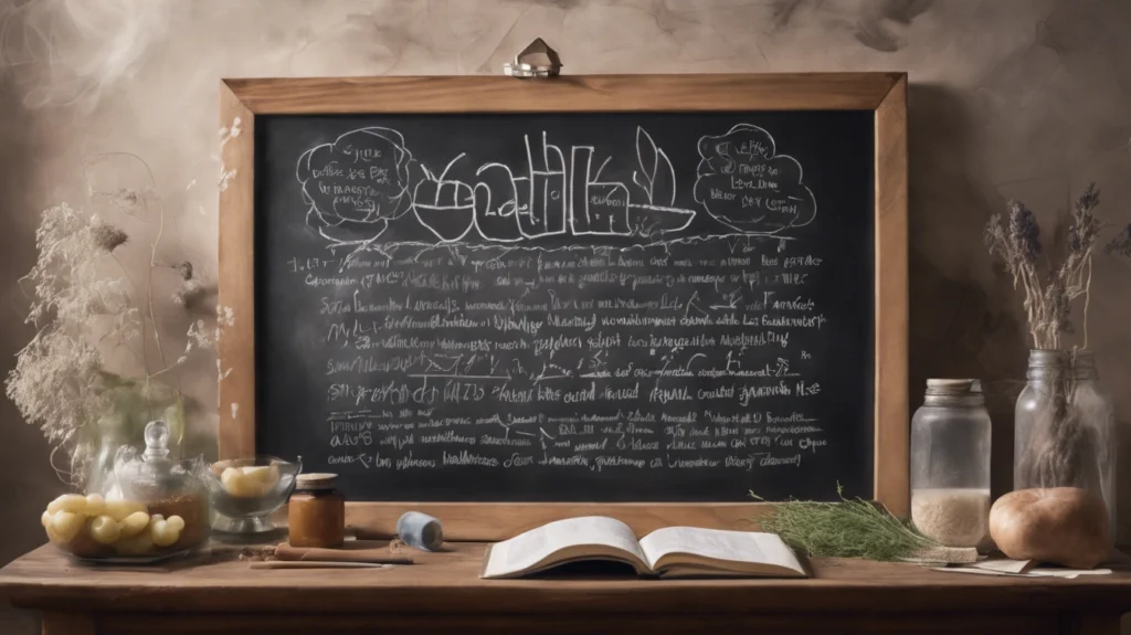 Chalkboard with text, a book, herbs, and ingredients on a table—representing lifestyle changes to reduce chronic inflammation and support lung health.