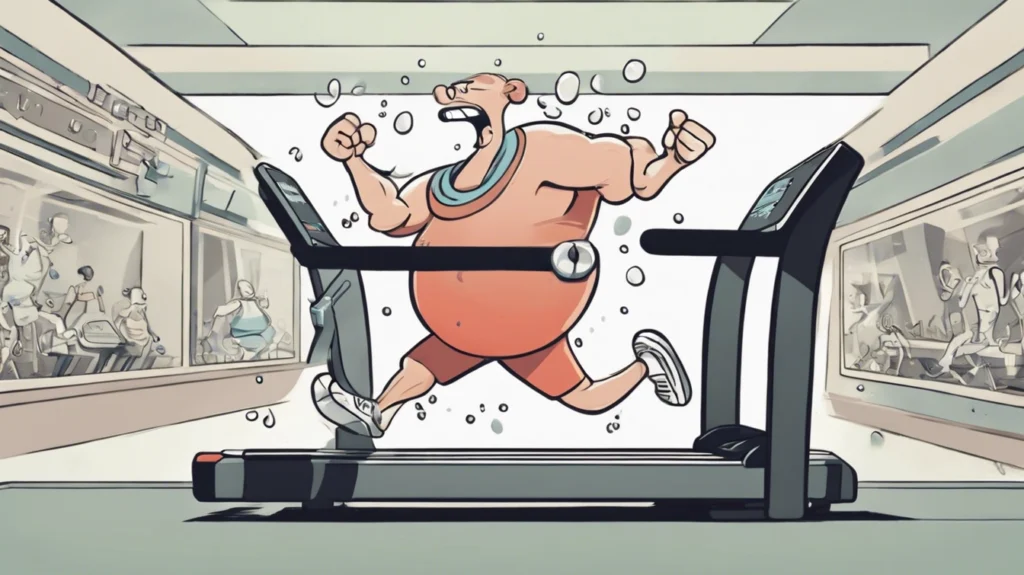 Cartoon of an overweight man sweating while running on a treadmill, symbolizing the struggle to improve lung health through exercise and weight management.