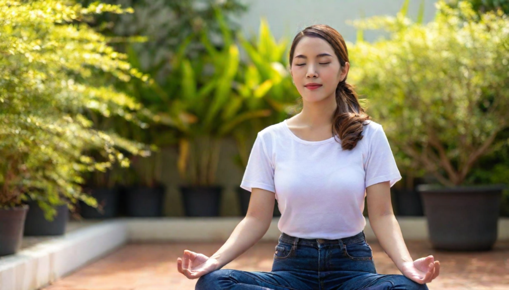 Woman meditating in the woods, symbolizing how lifestyle choices like mindfulness can influence gene expression and support lung cancer prevention.