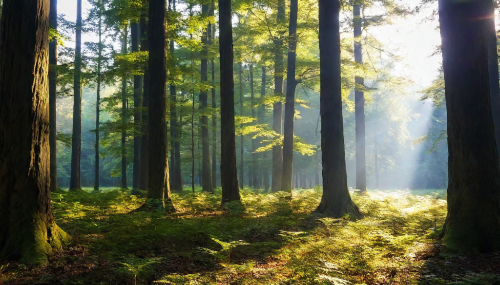 Forest view with light shining through trees, symbolizing hope and the healing impact of managing stress and mental health during lung cancer treatment.