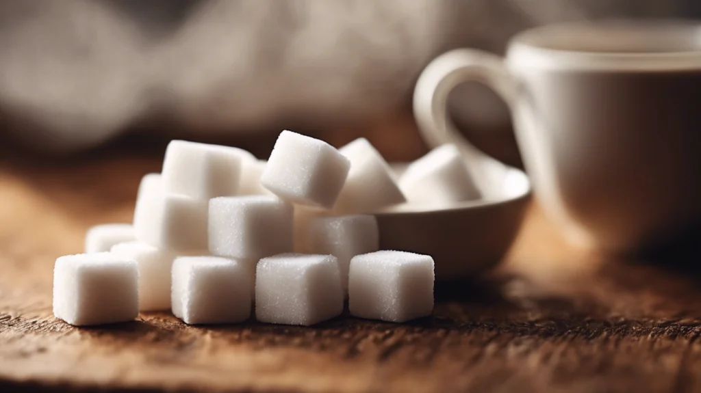 Sugar cubes next to a tea cup on a table, symbolizing the connection between diet, diabetes, and lung health.