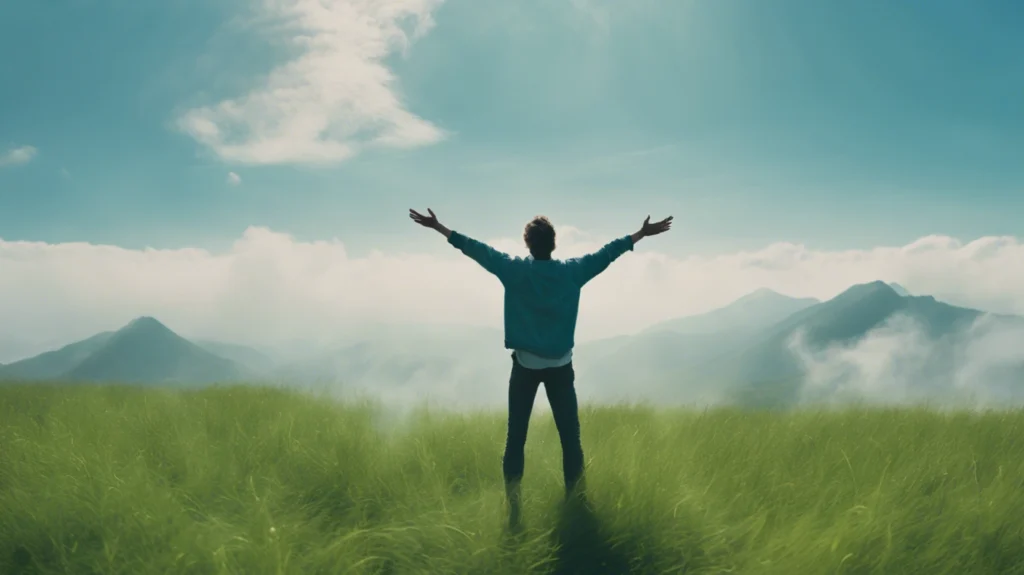 Man raising arms in a grassy field with mountains in the background, representing freedom and awareness about environmental pollutants and lung cancer risks.