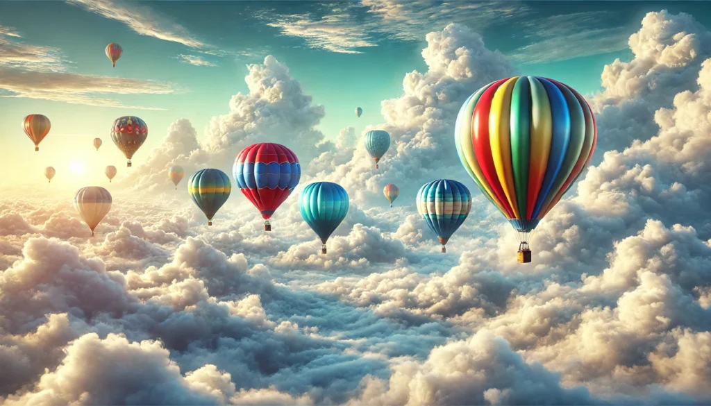 A single colorful hot air balloon floating in the sky with soft clouds, symbolizing hope, freedom, and resilience