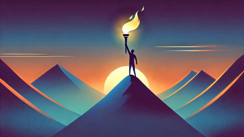 A silhouette of a person standing on a mountain peak, holding a glowing torch high, symbolizing victory, hope, and inspiration