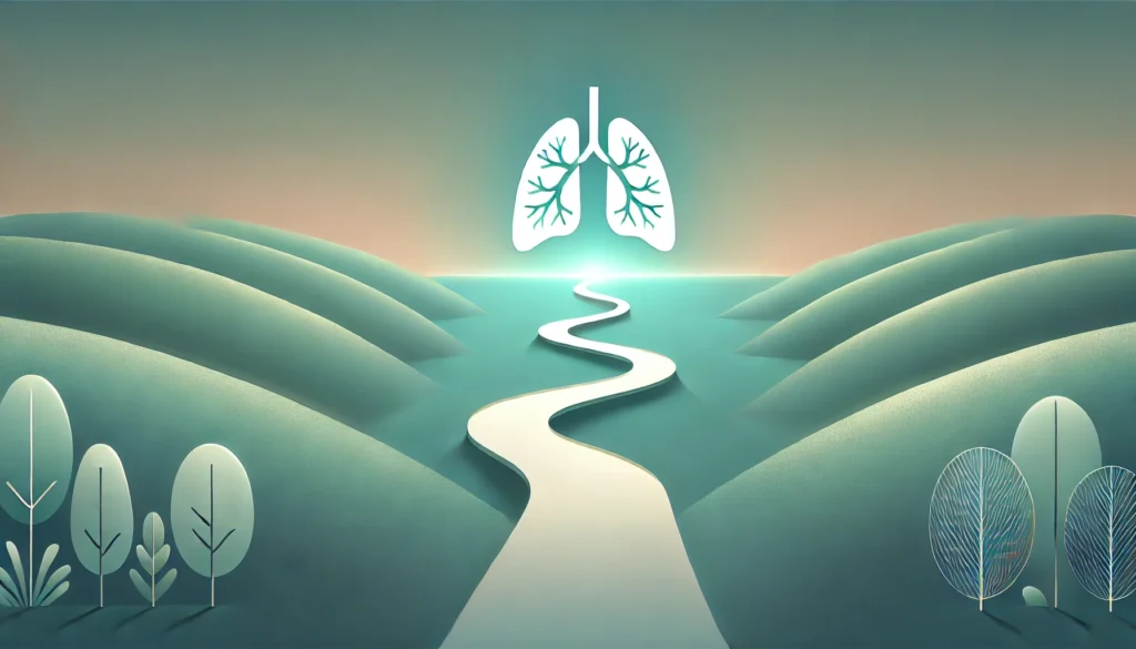 An abstract winding road leading to glowing lungs, symbolizing the journey to lung health and recovery