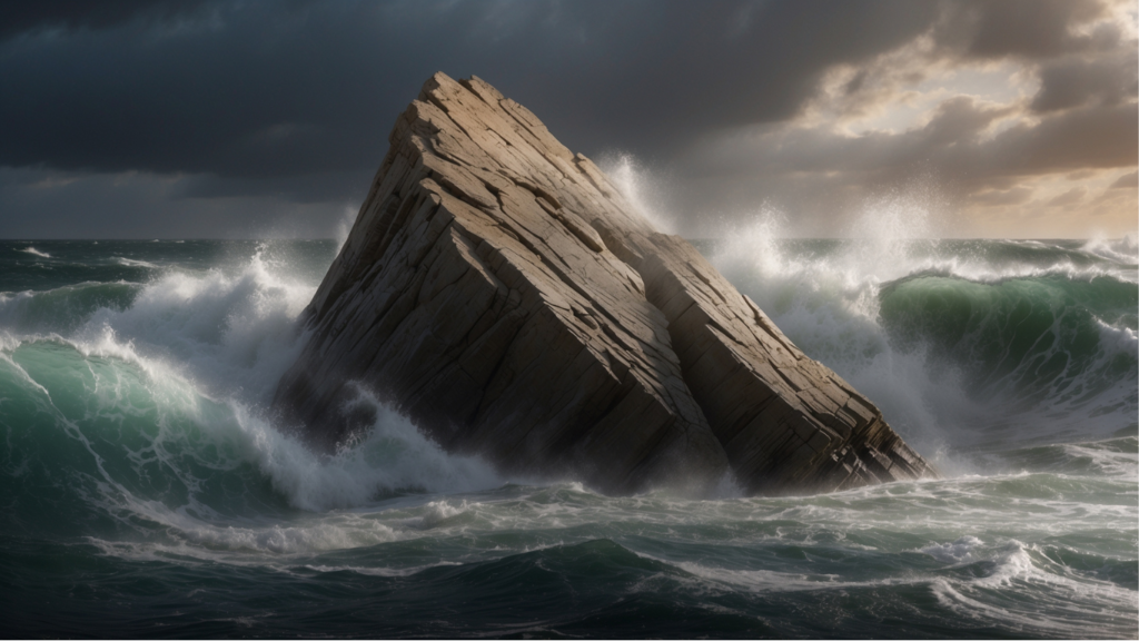 A solid rock standing firm as ocean waves crash against it, symbolizing resilience, strength, and hope in the fight against lung cancer