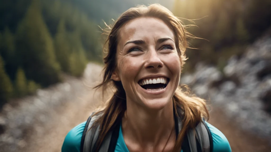 A smiling woman standing triumphantly at the top of a trail, symbolizing strength, achievement, and hope for lung health