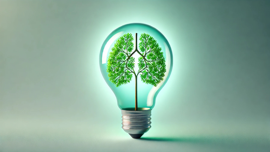 A glowing lightbulb containing a small green tree shaped like human lungs, symbolizing innovation, growth, and lung health