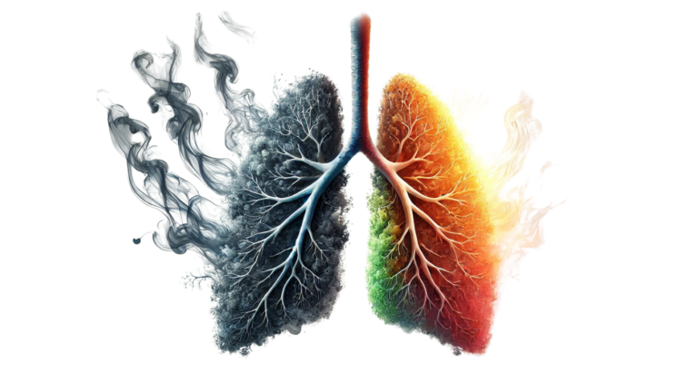 A vivid illustration of human lungs engulfed in flames, symbolizing inflammation, struggle, or a dramatic health message