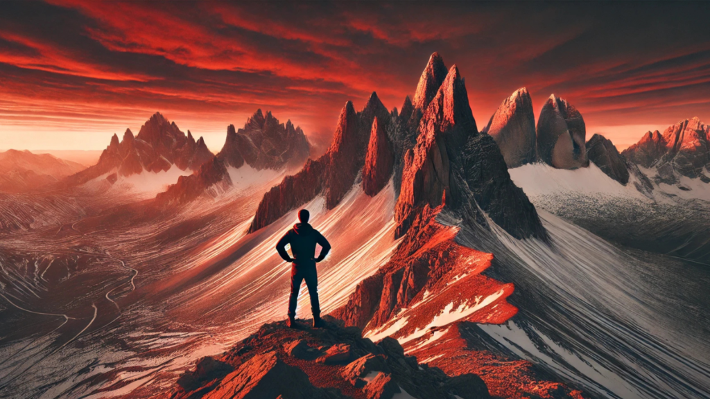 A man standing confidently on the cliff of a mountain with his hands on his hips, gazing at rugged, snow-covered peaks resembling the Rocky Mountains during a dramatic red sunset