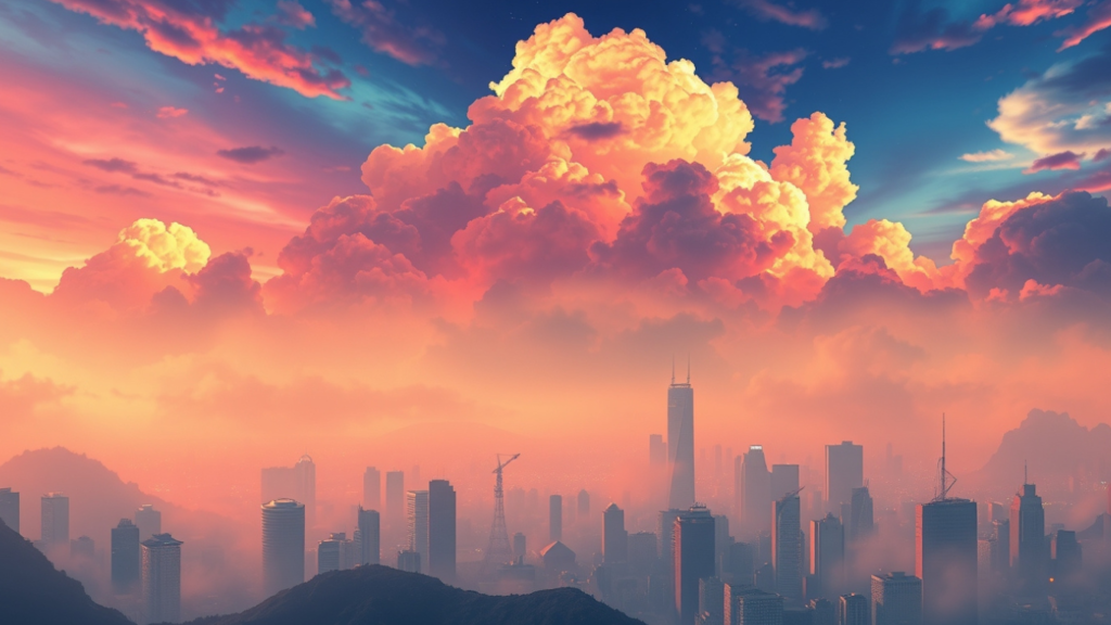 Digital artwork in Isekai anime style of a hidden city skyline beneath a vibrant, smog-filled sky, featuring mystical light auras and a spiritual vibe