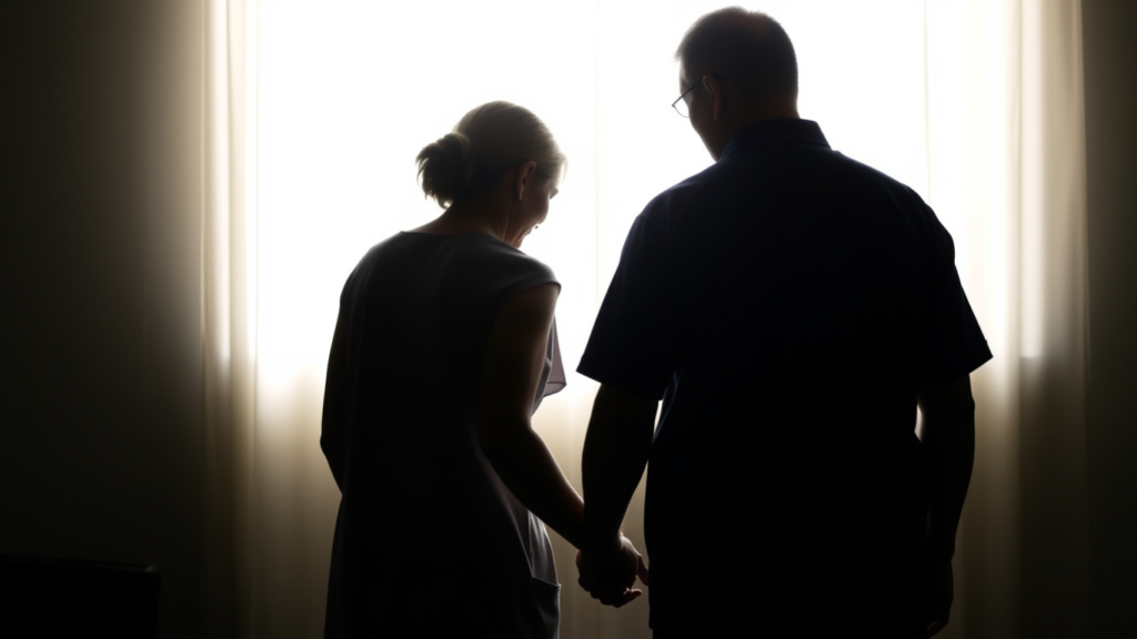 Silhouetted backlighting image of a caregiver and patient holding hands, with a strong contrast created by a light source behind them