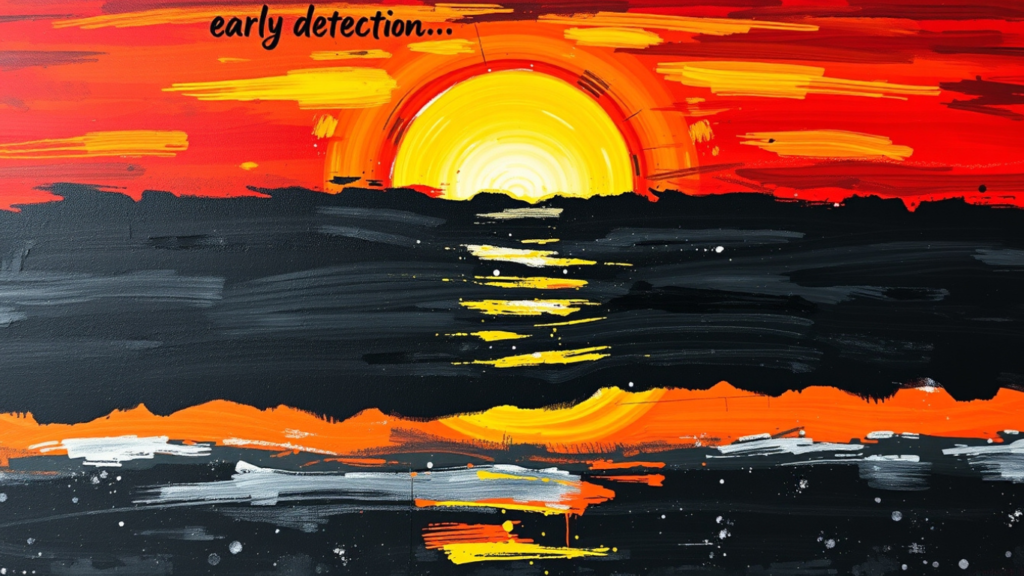 Acrylic painting of a time-lapse sunrise in vibrant colors, symbolizing hope and new beginnings, relevant to lung cancer FAQs