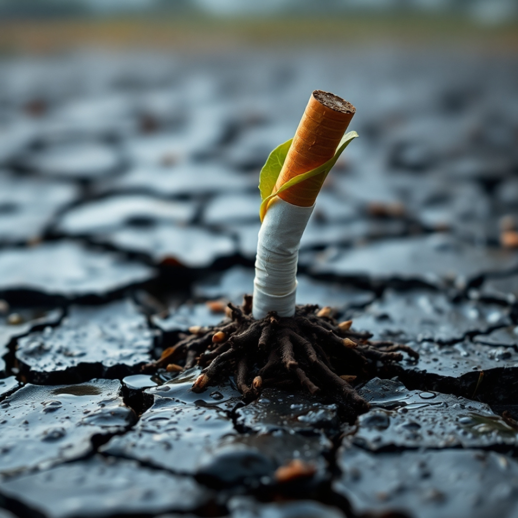A cigarette with deep tree-like roots resembling a growing tumor, symbolizing smoking’s impact on lung cancer.