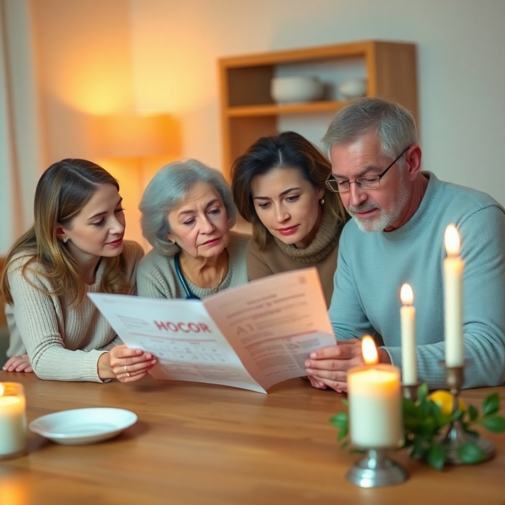 A family sitting at a wooden table, looking at a doctor’s report with a concerned yet engaged expression, discussing genetic risk factors for lung cancer.