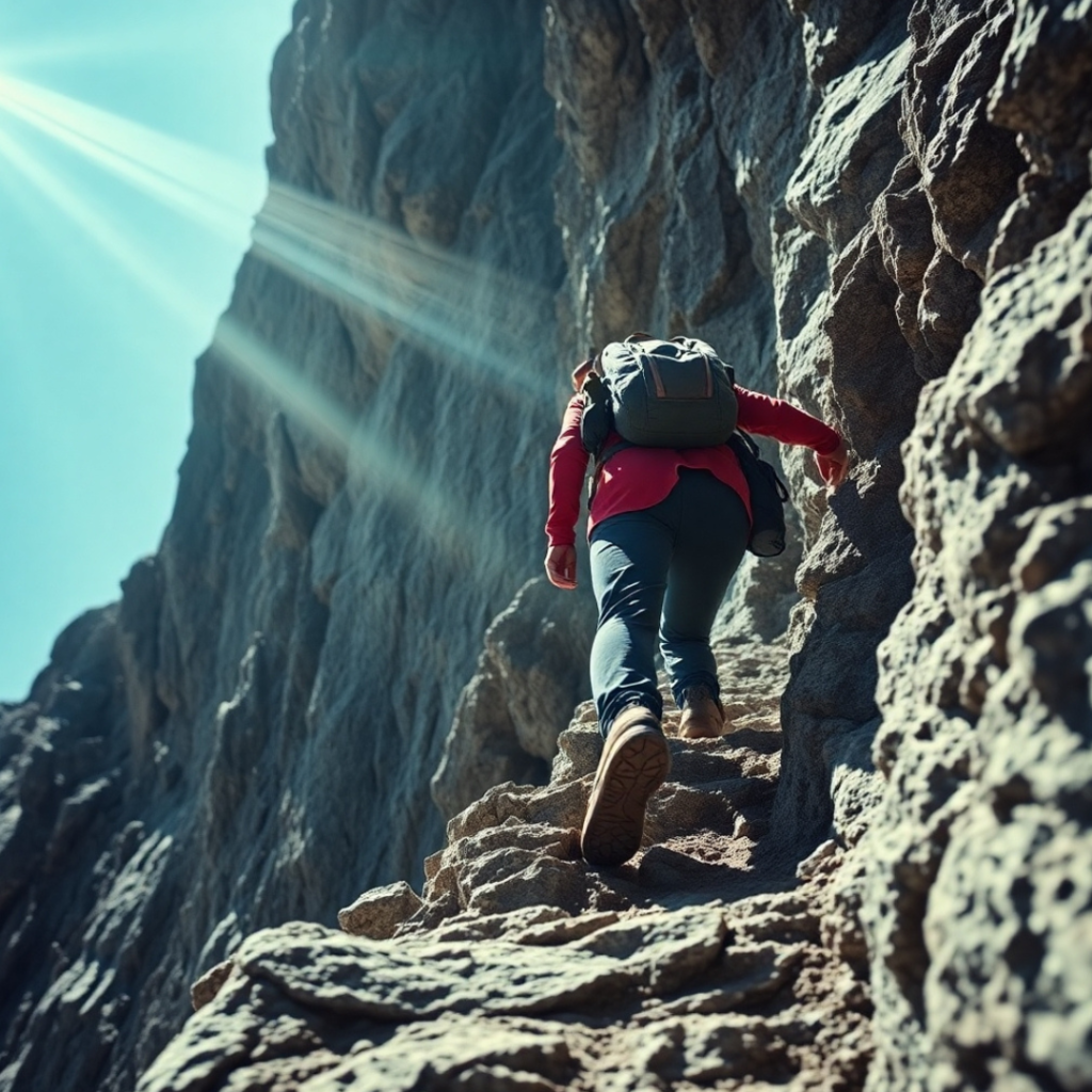 A person climbing a steep mountain path, illuminated by sunlight at the peak, symbolizing the lung cancer treatment journey