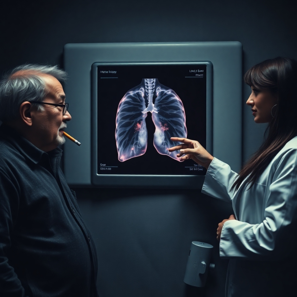 A diverse group of individuals looking at a lung scan, representing smoking, pollution exposure, and non-smokers at risk for lung cancer.