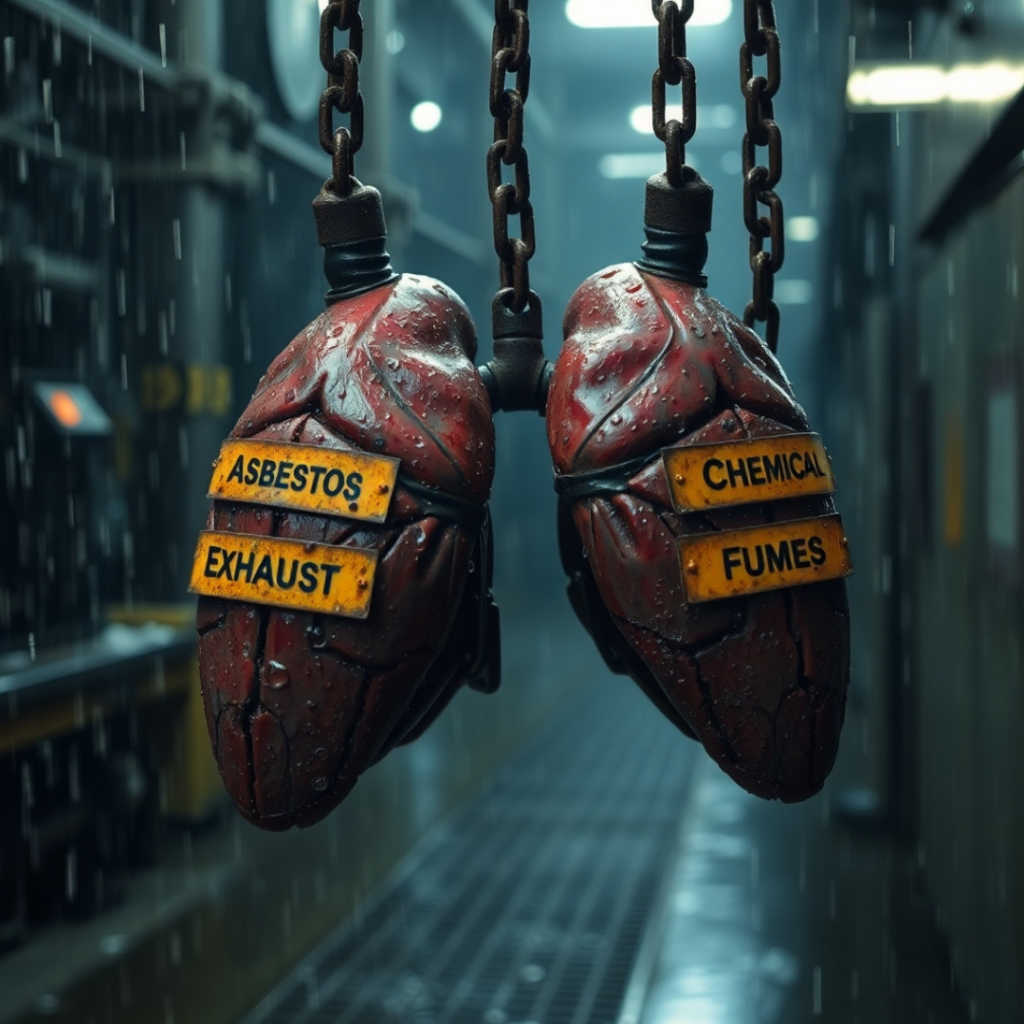 Human lungs wrapped in rusty chains labeled with workplace hazards like asbestos and diesel fumes.