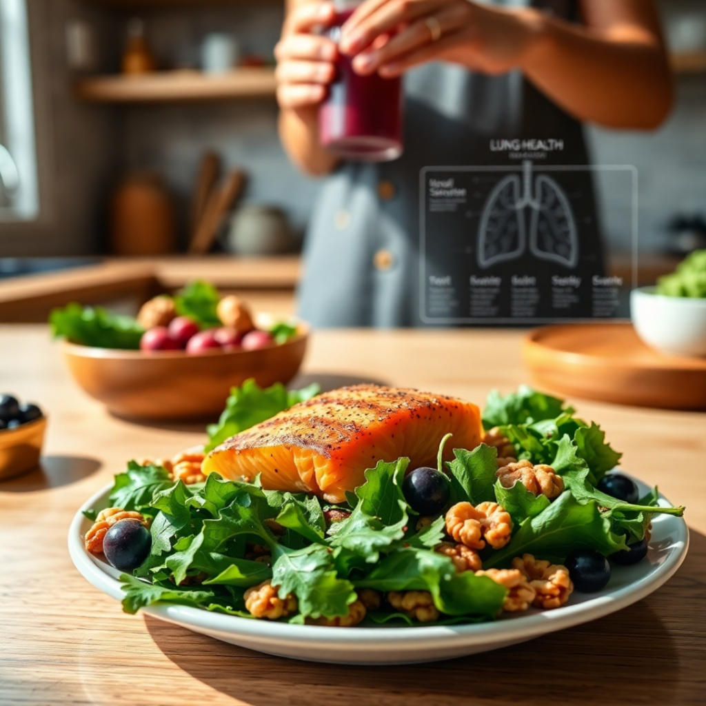 A plate of nutrient-rich foods like leafy greens, salmon, nuts, and berries, symbolizing a lung-healthy diet.