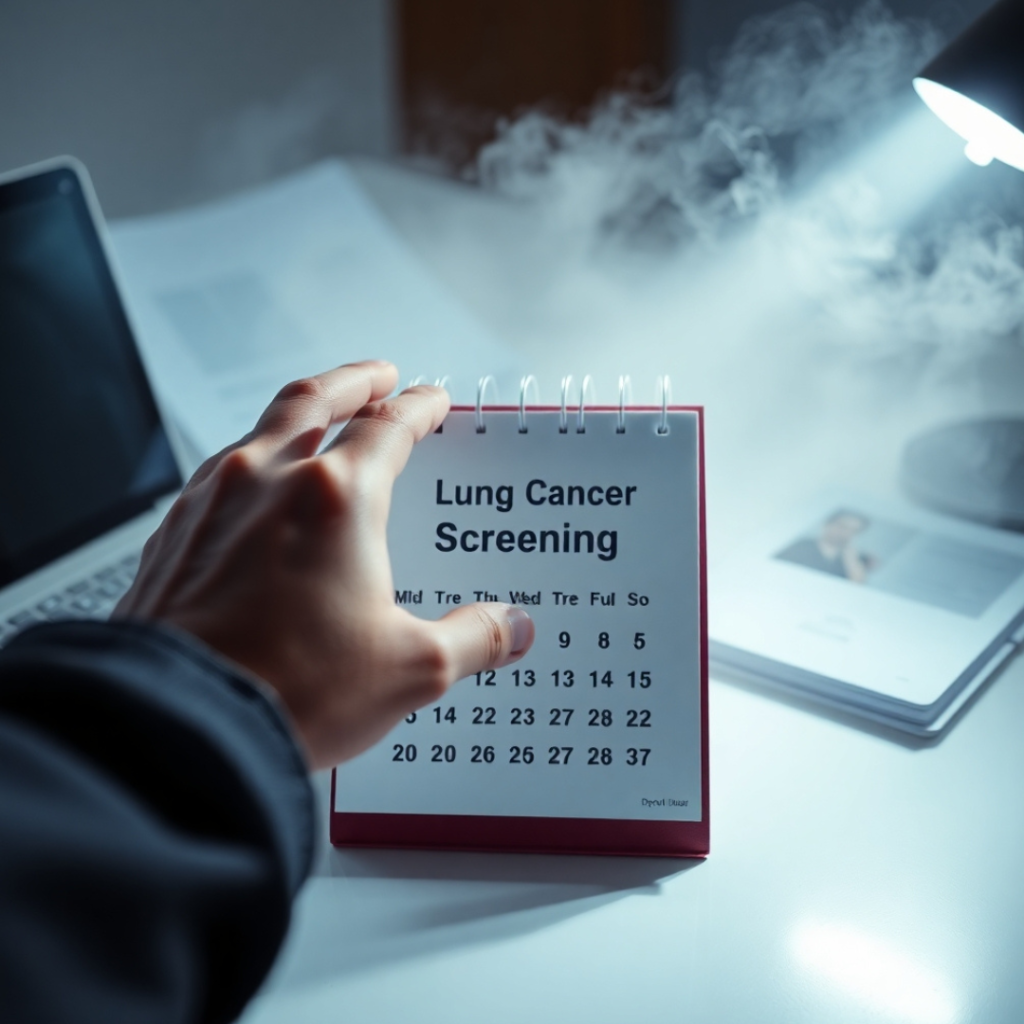 A hand marking a lung cancer screening appointment on a calendar.