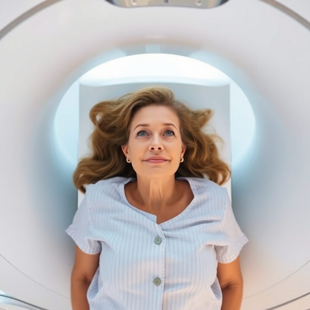 A relaxed patient undergoing a low-dose CT scan, the standard lung cancer test.