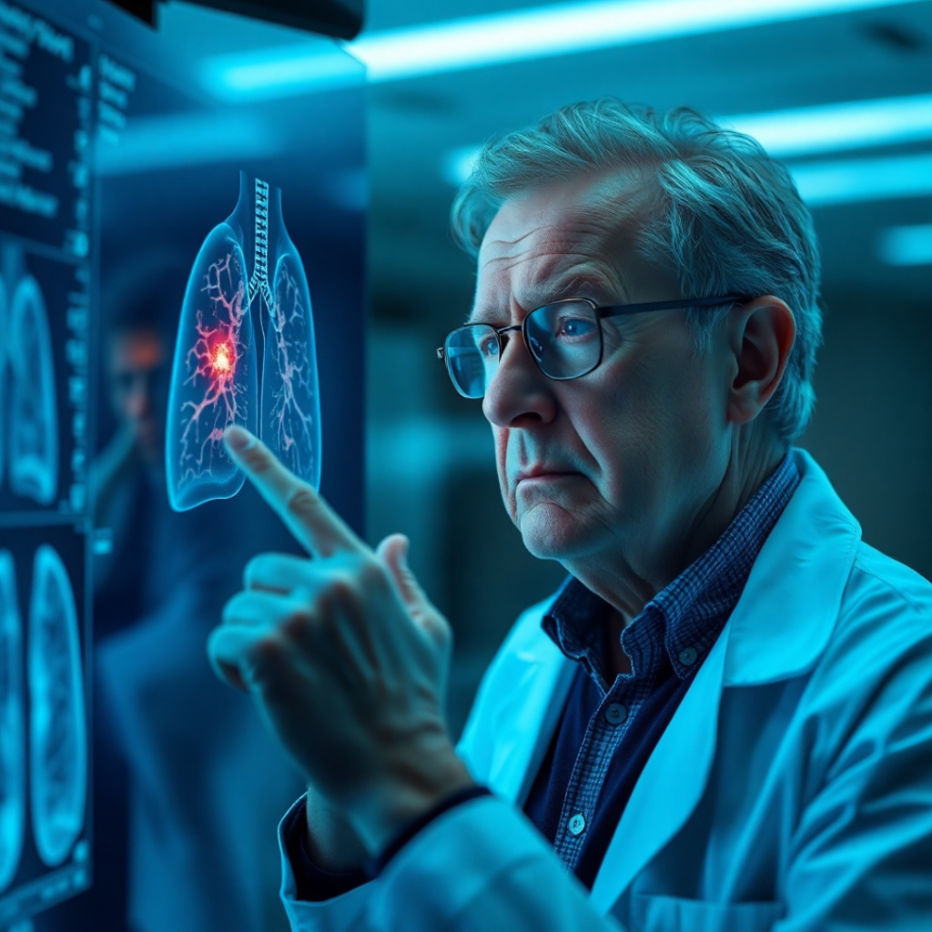 A middle-aged person looking at their lung X-ray, considering screening options.