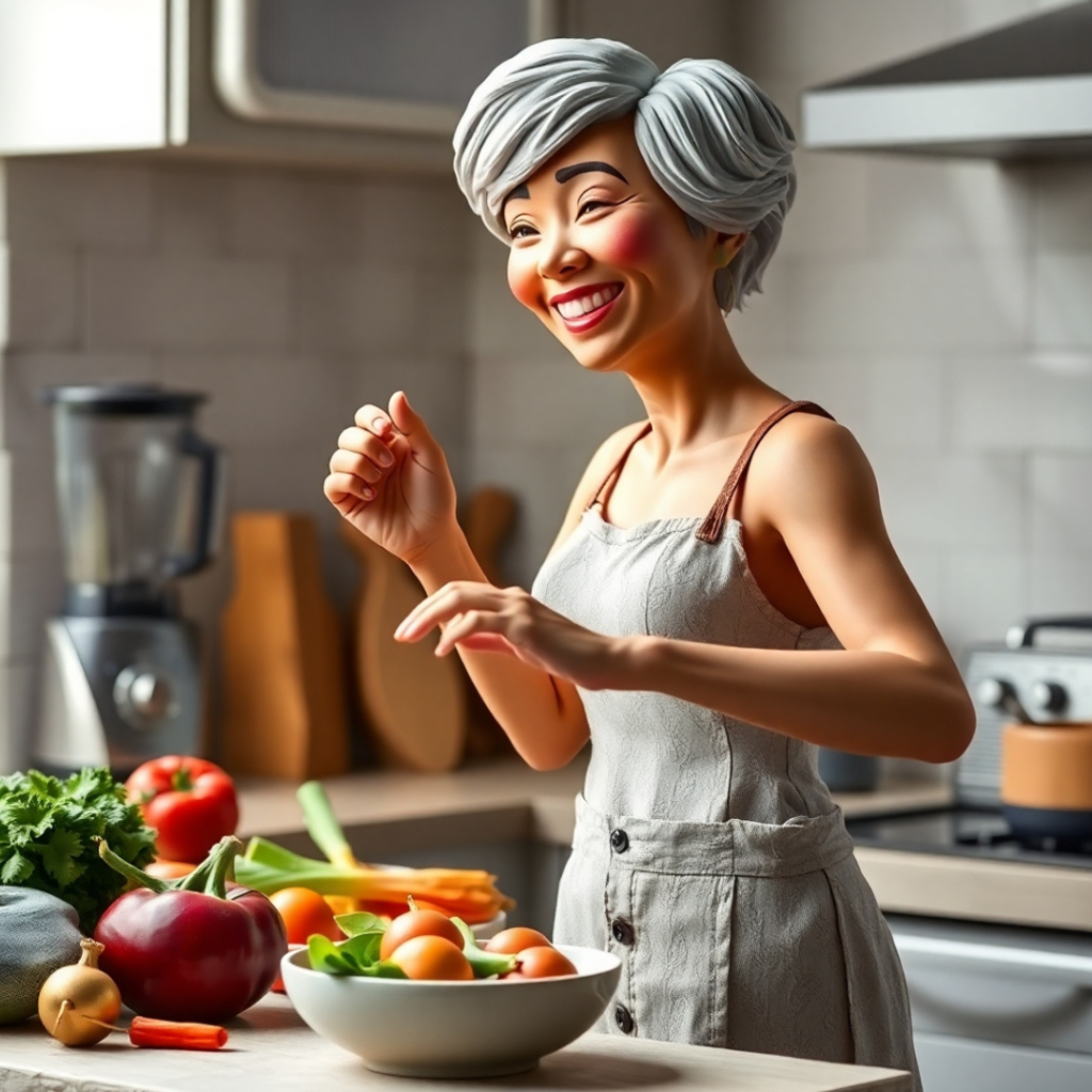 A woman joyfully dancing in her kitchen while preparing a healthy meal, embracing a lifestyle that supports lung cancer survival