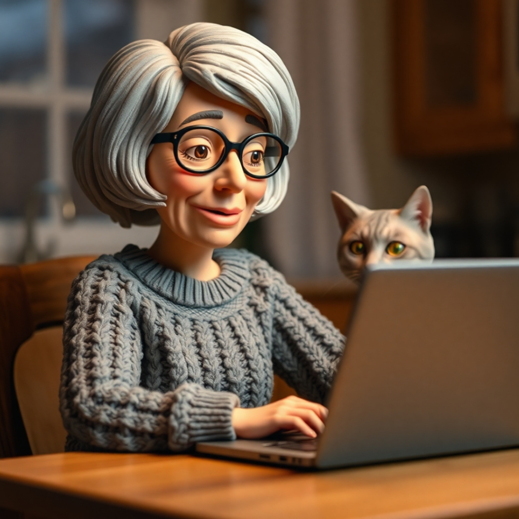 A woman searching "lung cancer survival rate" on her laptop at night, with a cat looking at the screen in amusement.