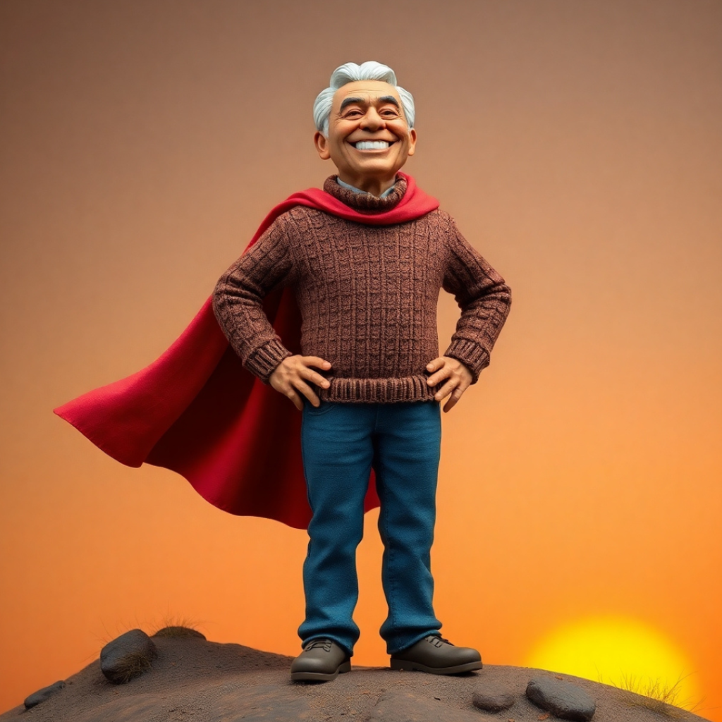 An elderly man wearing a superhero cape, standing confidently on a hilltop at sunset, celebrating his lung cancer survival.
