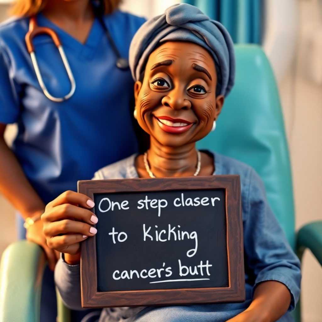 A smiling woman in a hospital chair holding a chalkboard sign that says "One step closer to kicking cancer’s butt!" while receiving immunotherapy