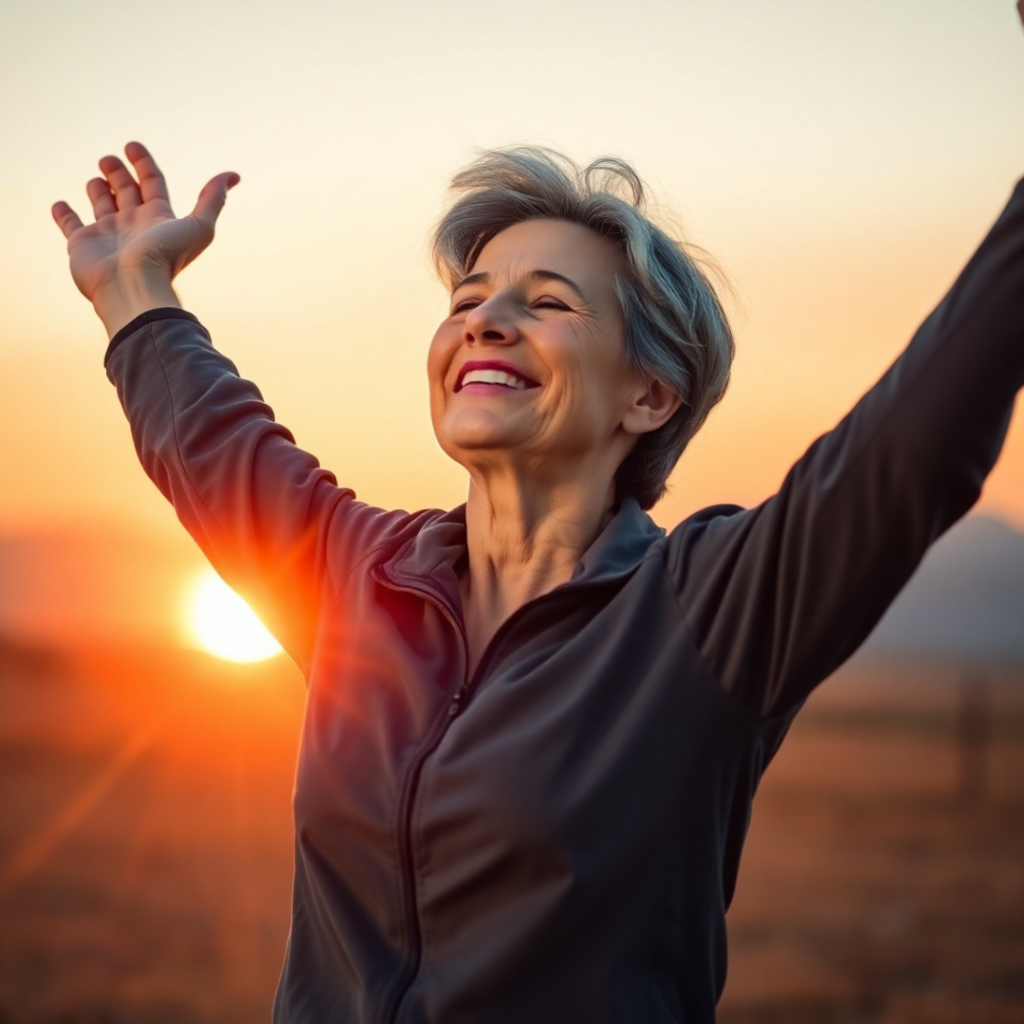 A lung cancer survivor standing outside with arms raised, celebrating remission.