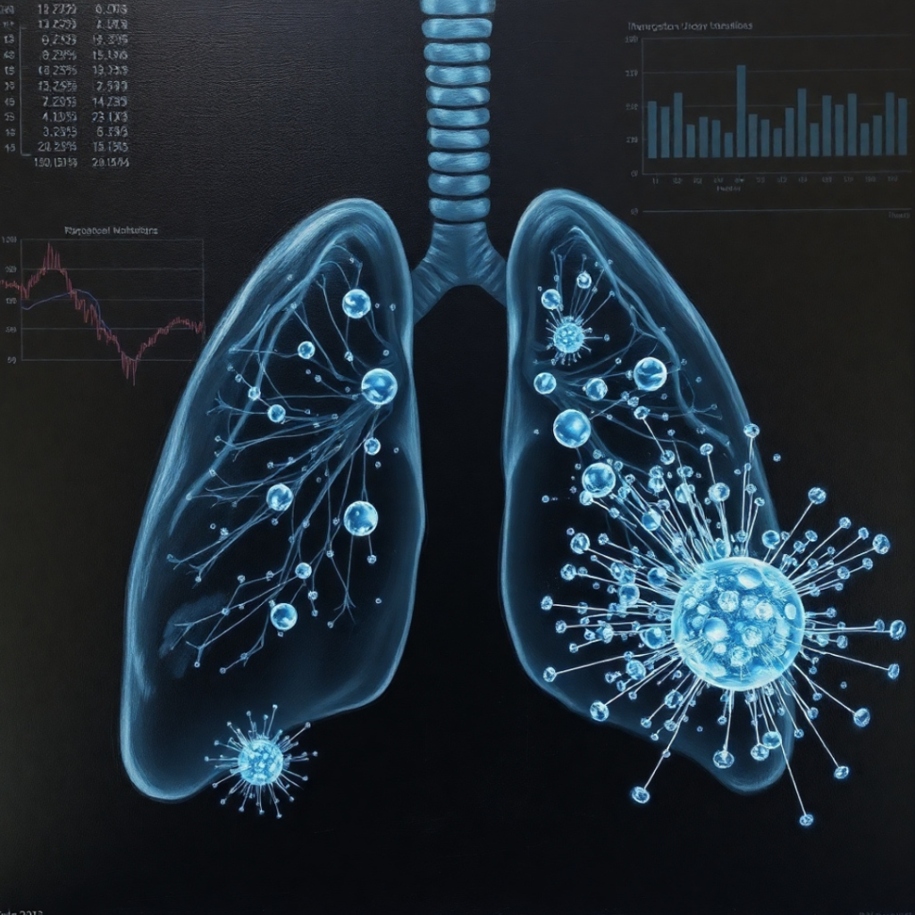 A digital visualization of lung cancer targeted therapy attacking cancer cells.