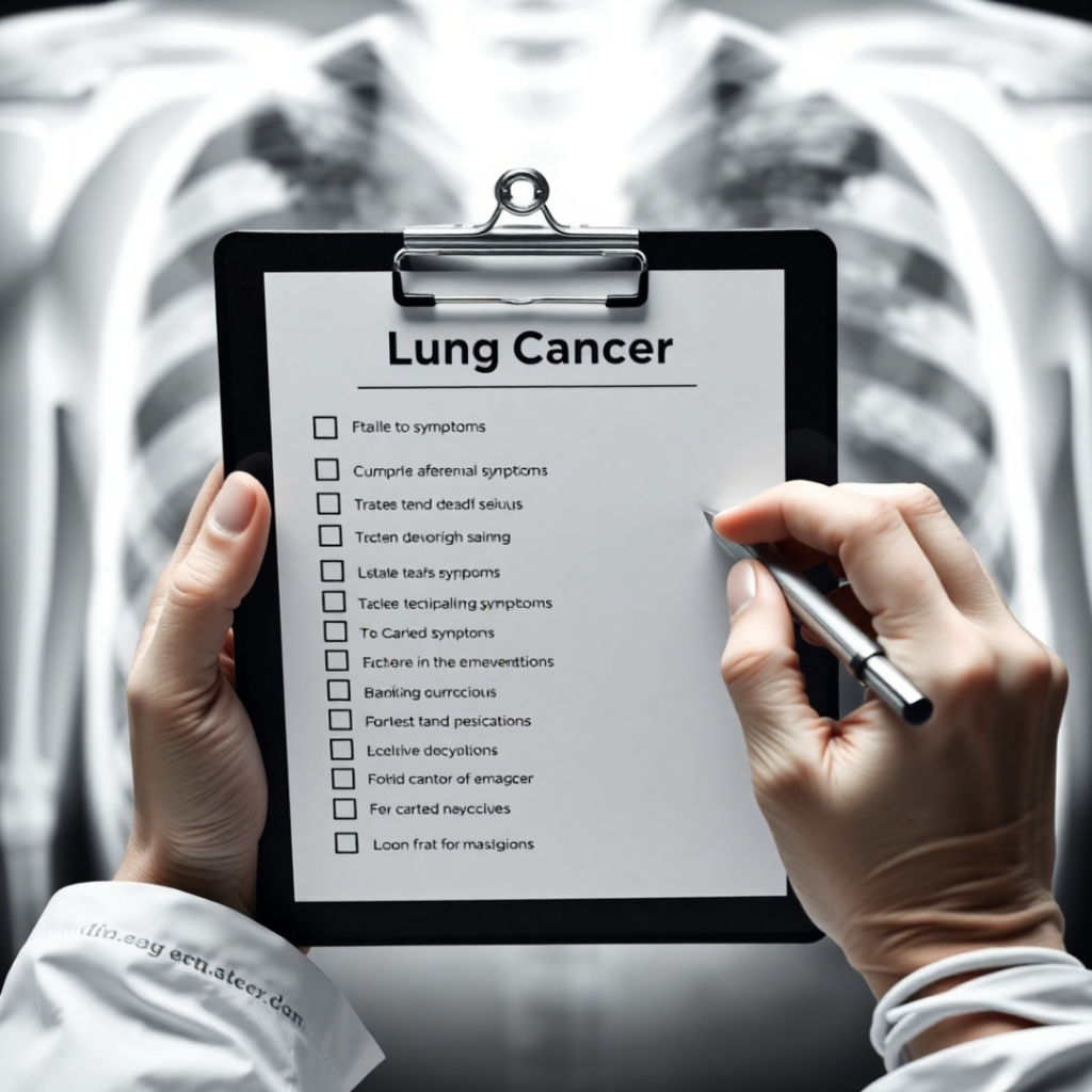 A digital checklist highlighting lung cancer early symptoms, including persistent cough, shortness of breath, and unexplained weight loss
