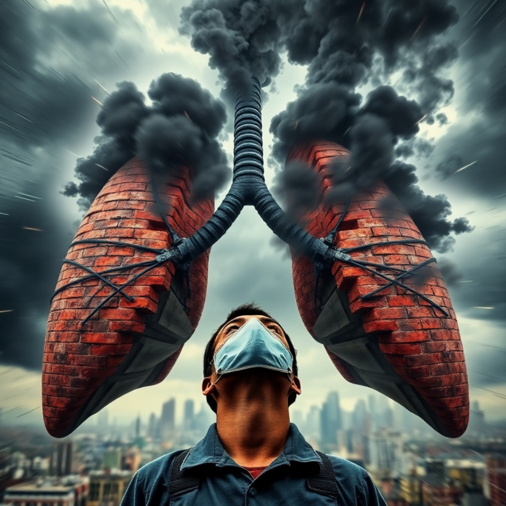 Human lungs shaped like a factory with smokestacks emitting pollution, symbolizing environmental risks.