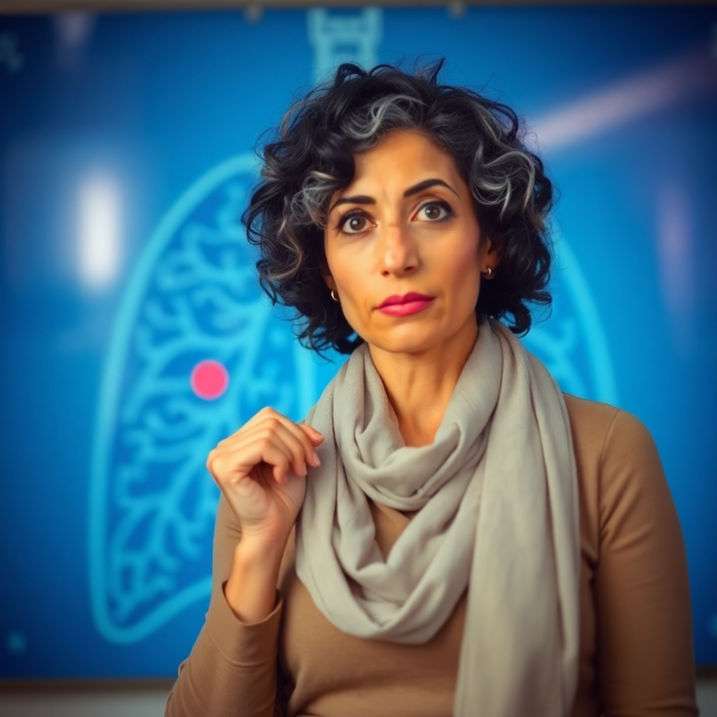 Maya standing in front of a diagram of lungs, pointing to a small red dot labeled 'Stage 0
