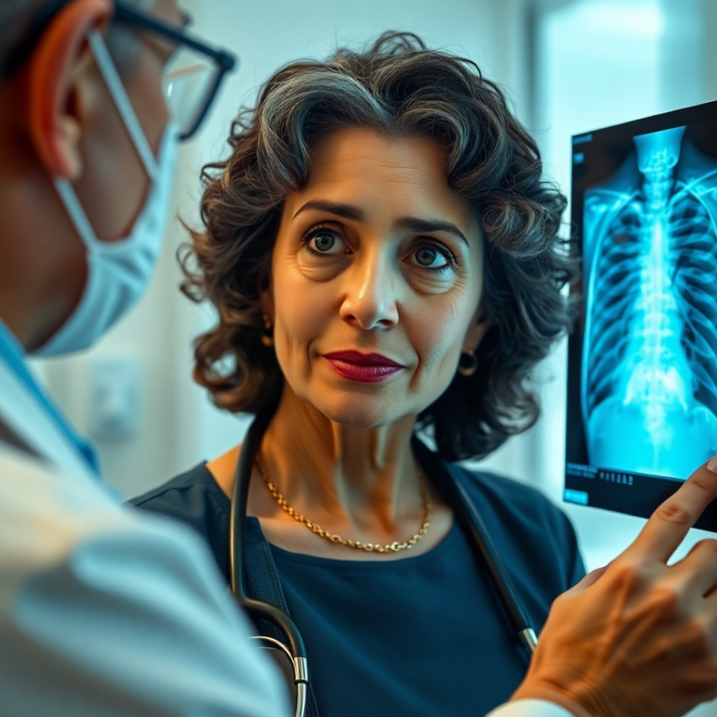 Close-up of Maya holding a medical report labeled 'Lung Cancer Stages