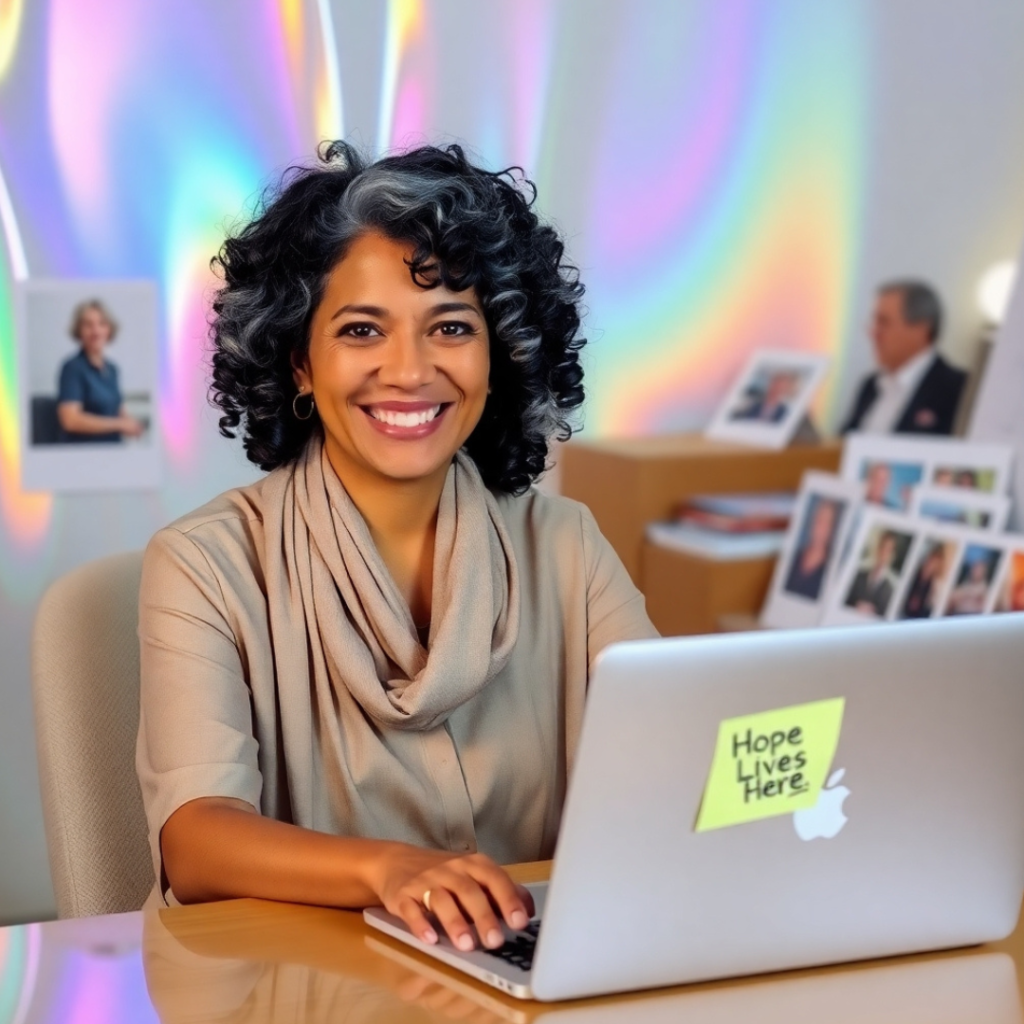 Maya smiling as she types on her laptop, surrounded by photos from her lung cancer journey.