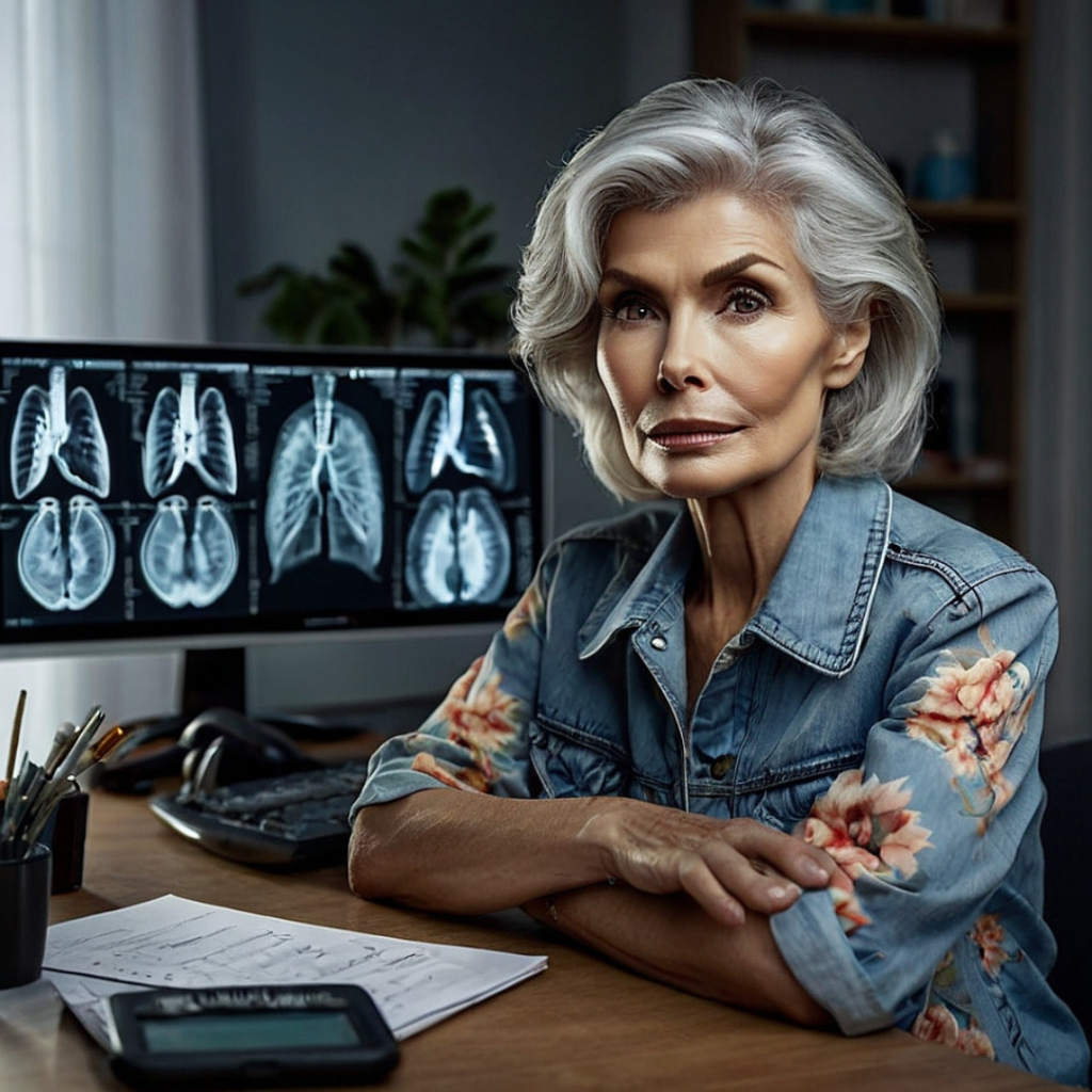 A woman in her 60s sits in a doctor’s office, listening intently as a physician explains her lung cancer diagnosis.