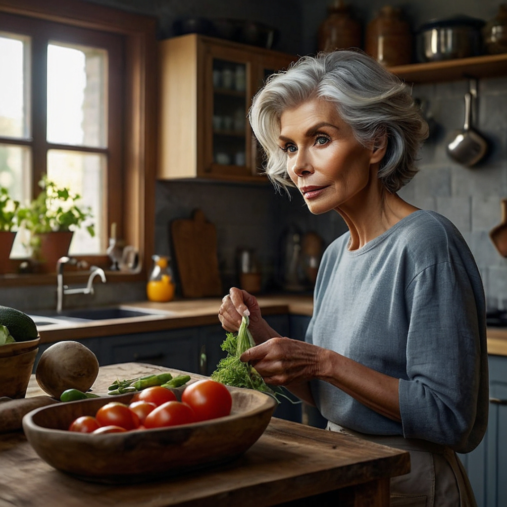 A silver-haired woman in her 60s prepares a fresh, healthy meal in her rustic ranch kitchen, chopping vegetables while her black Mini Schnauzer watches.