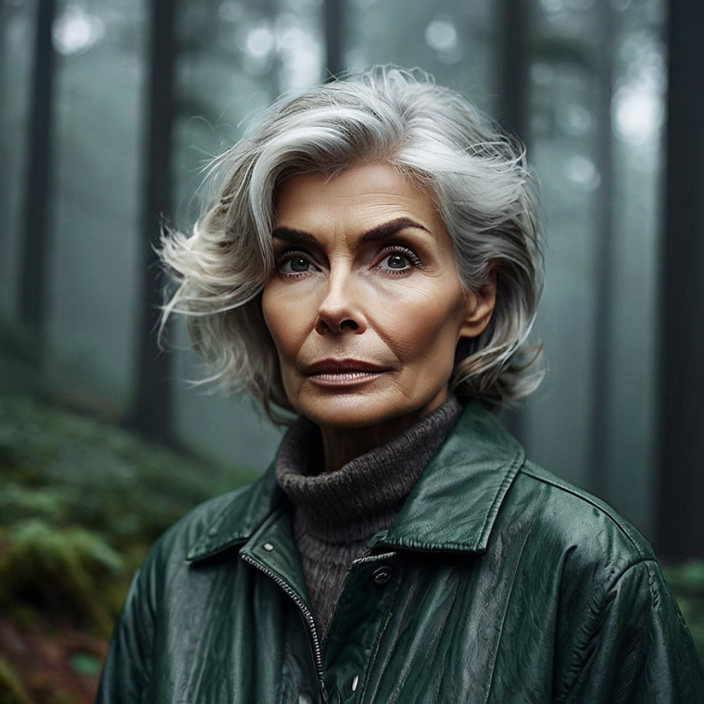 A strong silver-haired woman in her 60s stands on her ranch in Evergreen, Colorado, looking out over the pine-covered mountains.