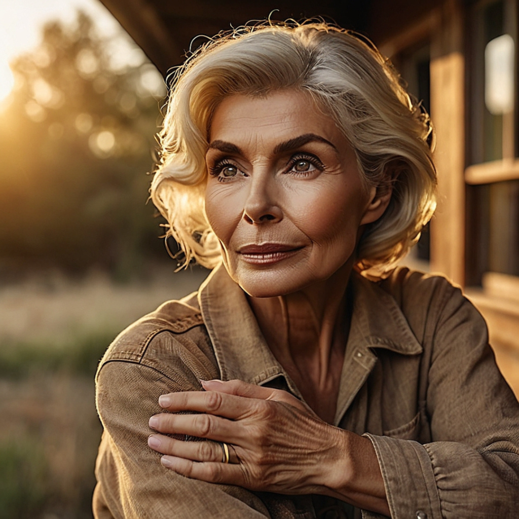 A silver-haired woman stands on a hilltop in Evergreen, Colorado, watching the sunrise over the mountains.