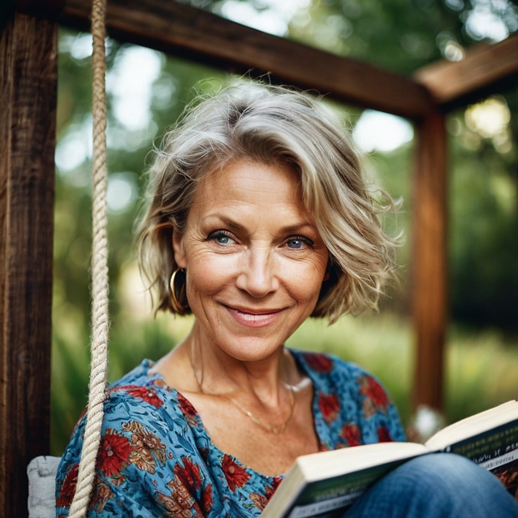 A woman in her 60s sits on a porch swing, reading a book about healing and lung health