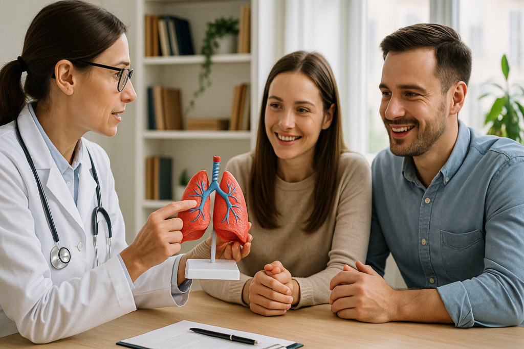 Female doctor explaining a 3D lung model to a hopeful young couple in a bright medical office
