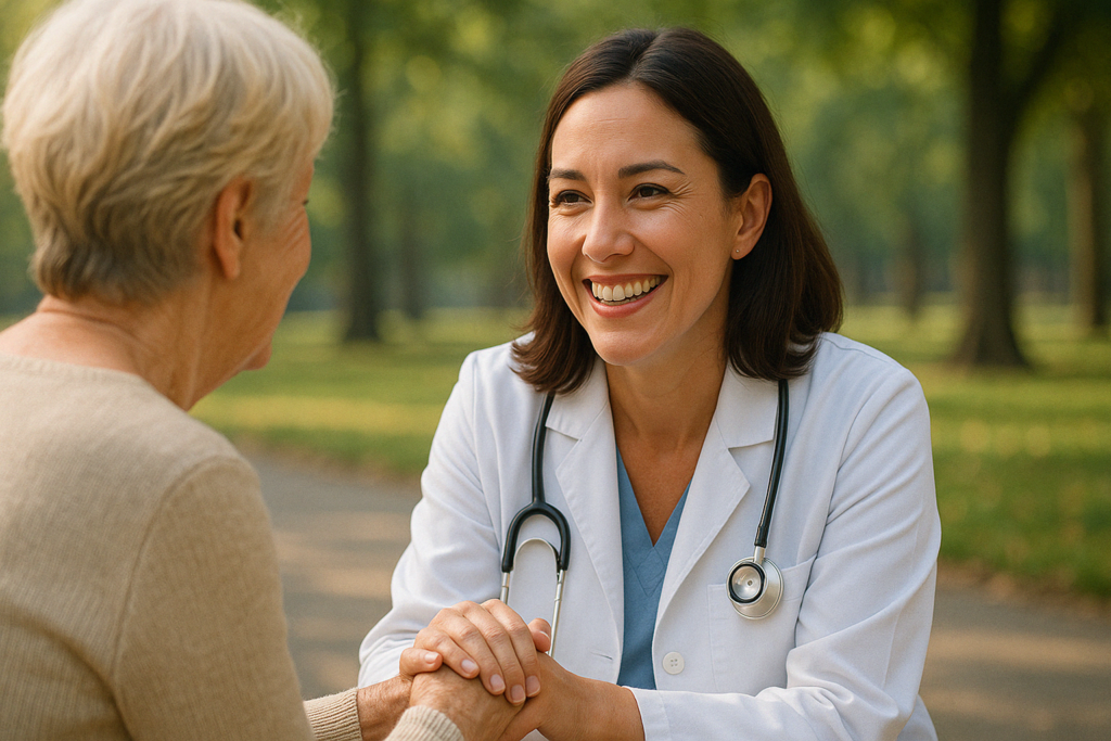Female doctor smiling outdoors in a park, representing compassion and care for lung cancer patients