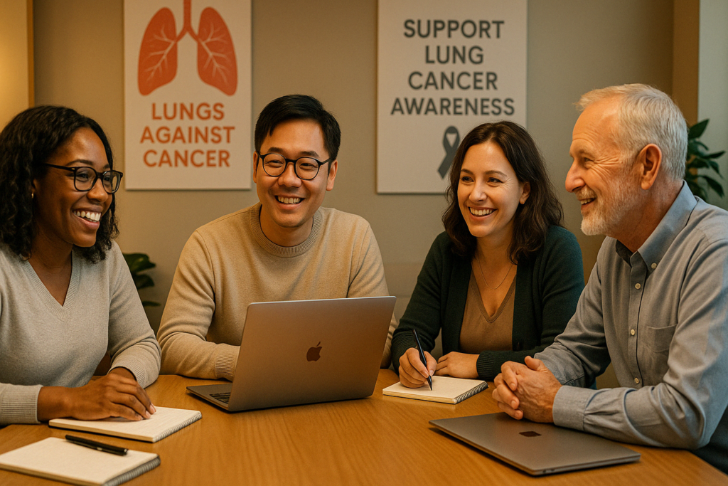 Diverse healthcare team collaborating in an office to support lung cancer patients
