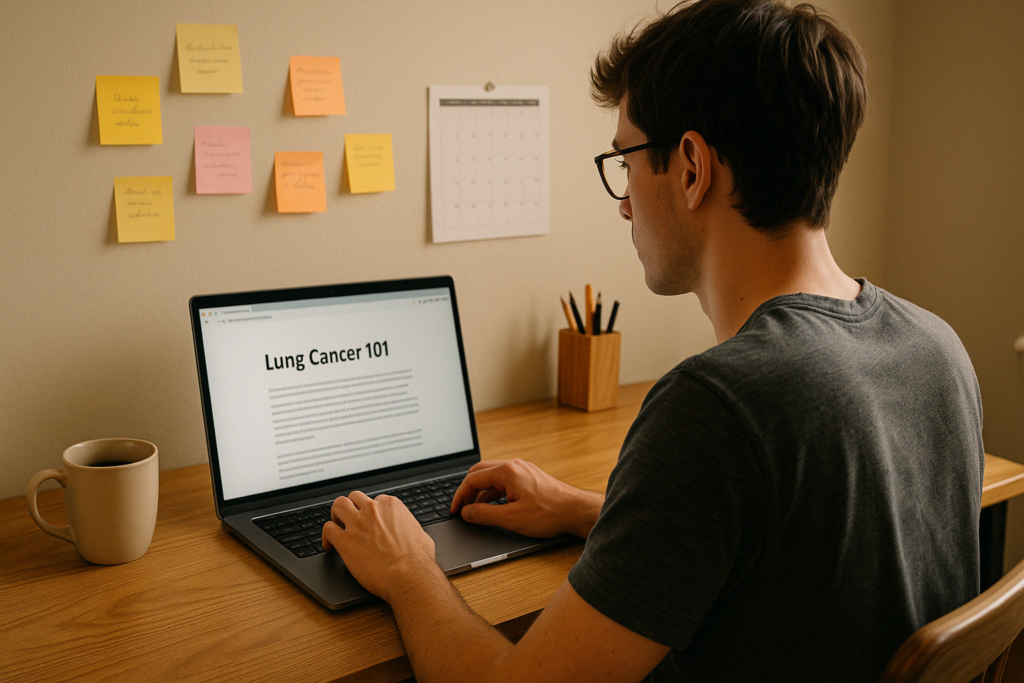 Young male writer working on a “Lung Cancer 101” blog post at a laptop in a cozy home office