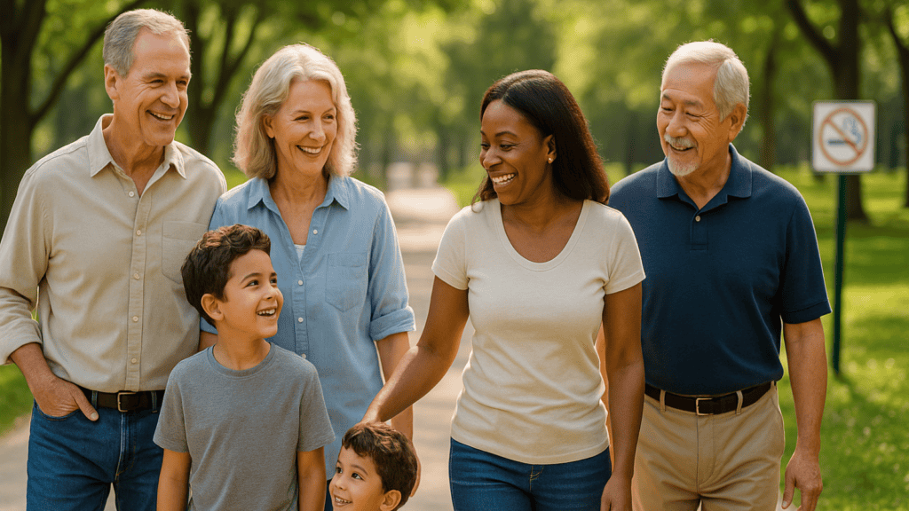 Diverse family walking in a park with no-smoking signs promoting cancer prevention