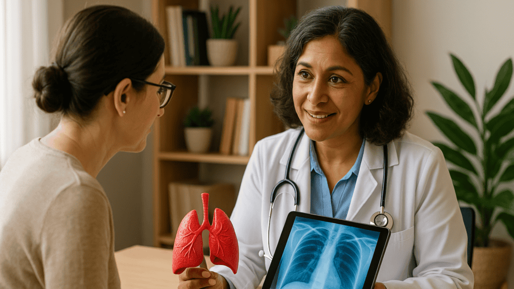 Compassionate female doctor showing a lung scan to a patient in a modern clinic